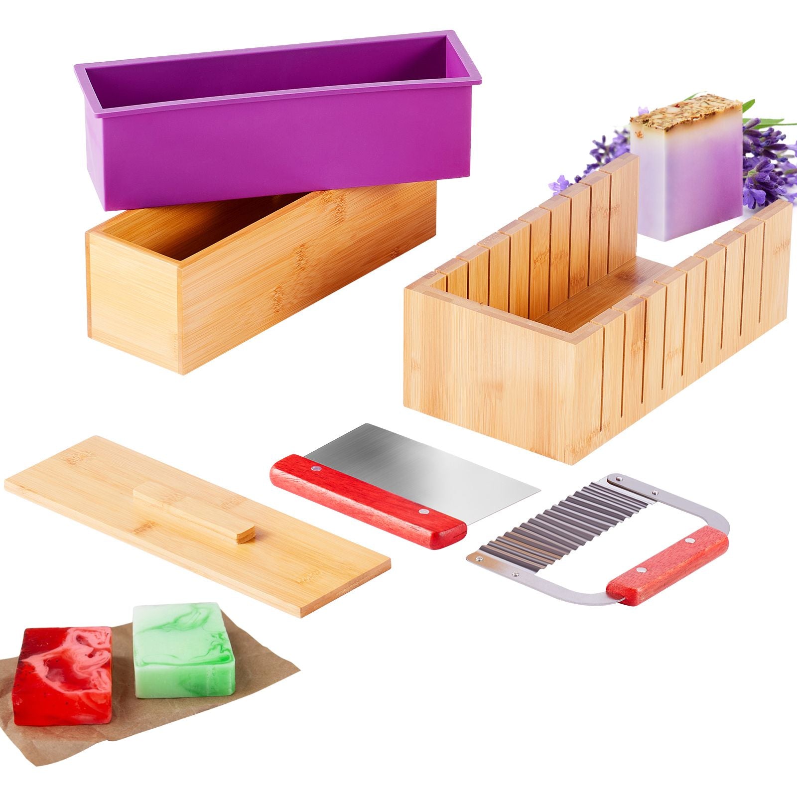 Soap Making Kit, Bamboo Cutting Box and Inner Box with Silicone Mold, Stainless Steel Straight Cutter and Wavy Cutter, 100 Bags and 105 Stickers, Soap Making Supplies DIY Kits for Adults