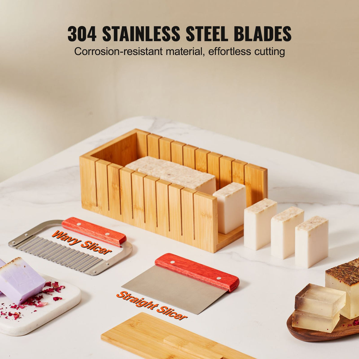Soap Making Kit, Bamboo Cutting Box and Inner Box with Silicone Mold, Stainless Steel Straight Cutter and Wavy Cutter, 100 Bags and 105 Stickers, Soap Making Supplies DIY Kits for Adults