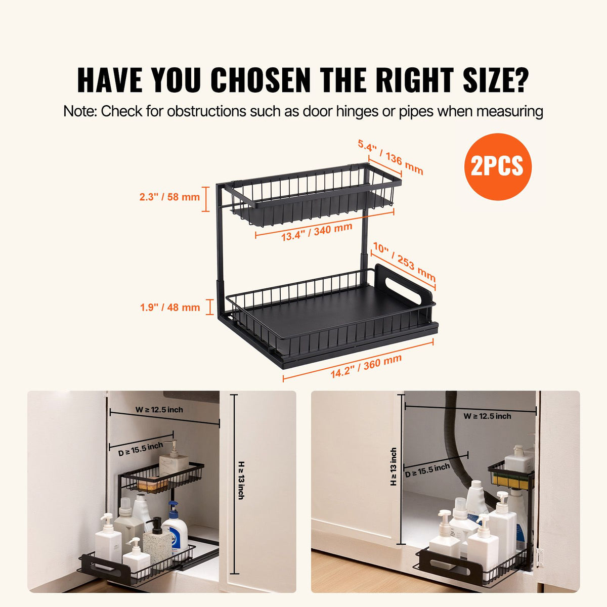 2-Tier Wire Pull Out Cabinet Under Sink Organizer 10.7"x14.2" Drawer Basket