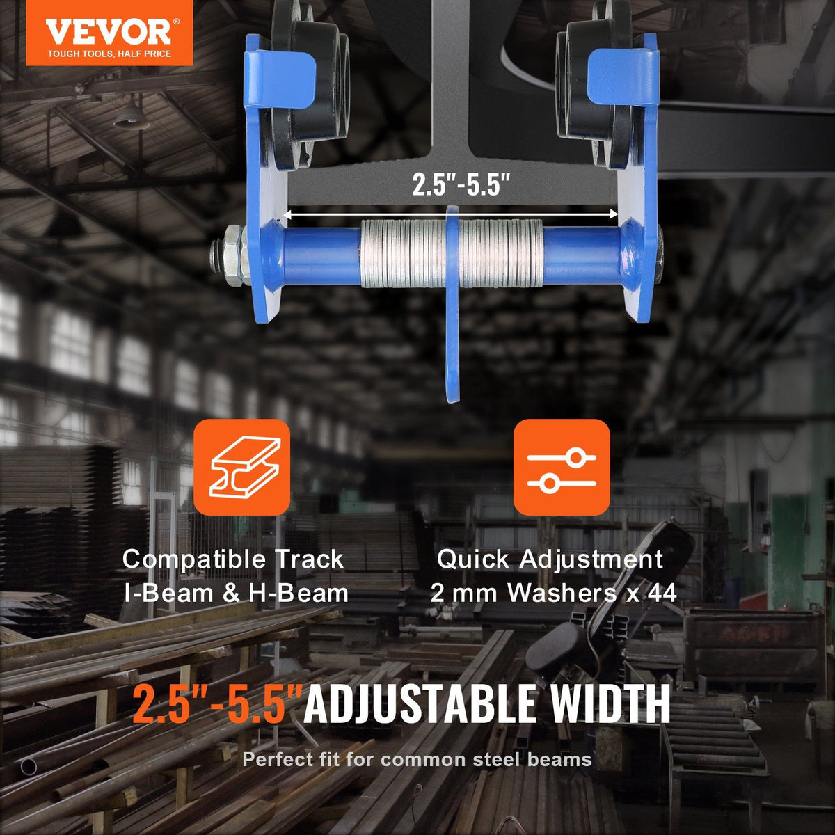 Manual Trolley, 0.5 Ton Load Capacity Push Beam Trolley with Dual Wheels, Adjustable for I-Beam Flange Width 63.5 mm to 139.7 mm, Heavy Duty Alloy Steel Garage Hoist for Straight Curved I Beam