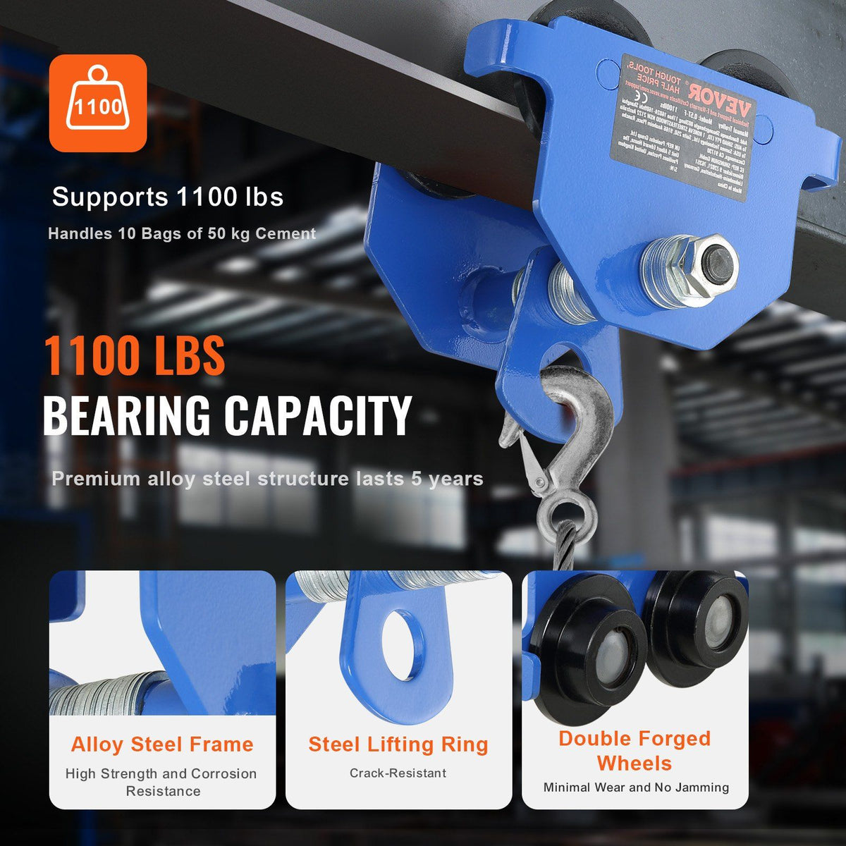Manual Trolley, 0.5 Ton Load Capacity Push Beam Trolley with Dual Wheels, Adjustable for I-Beam Flange Width 63.5 mm to 139.7 mm, Heavy Duty Alloy Steel Garage Hoist for Straight Curved I Beam
