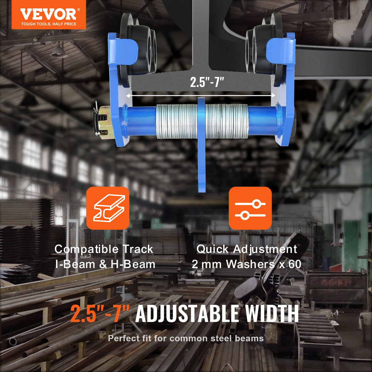 Manual Trolley, 1 Ton Load Capacity, Push Beam Trolley with Dual Wheels, Adjustable for I-Beam Flange Width 63.5 mm to 177.8 mm, Heavy Duty Alloy Steel Garage Hoist for Straight Curved I Beam