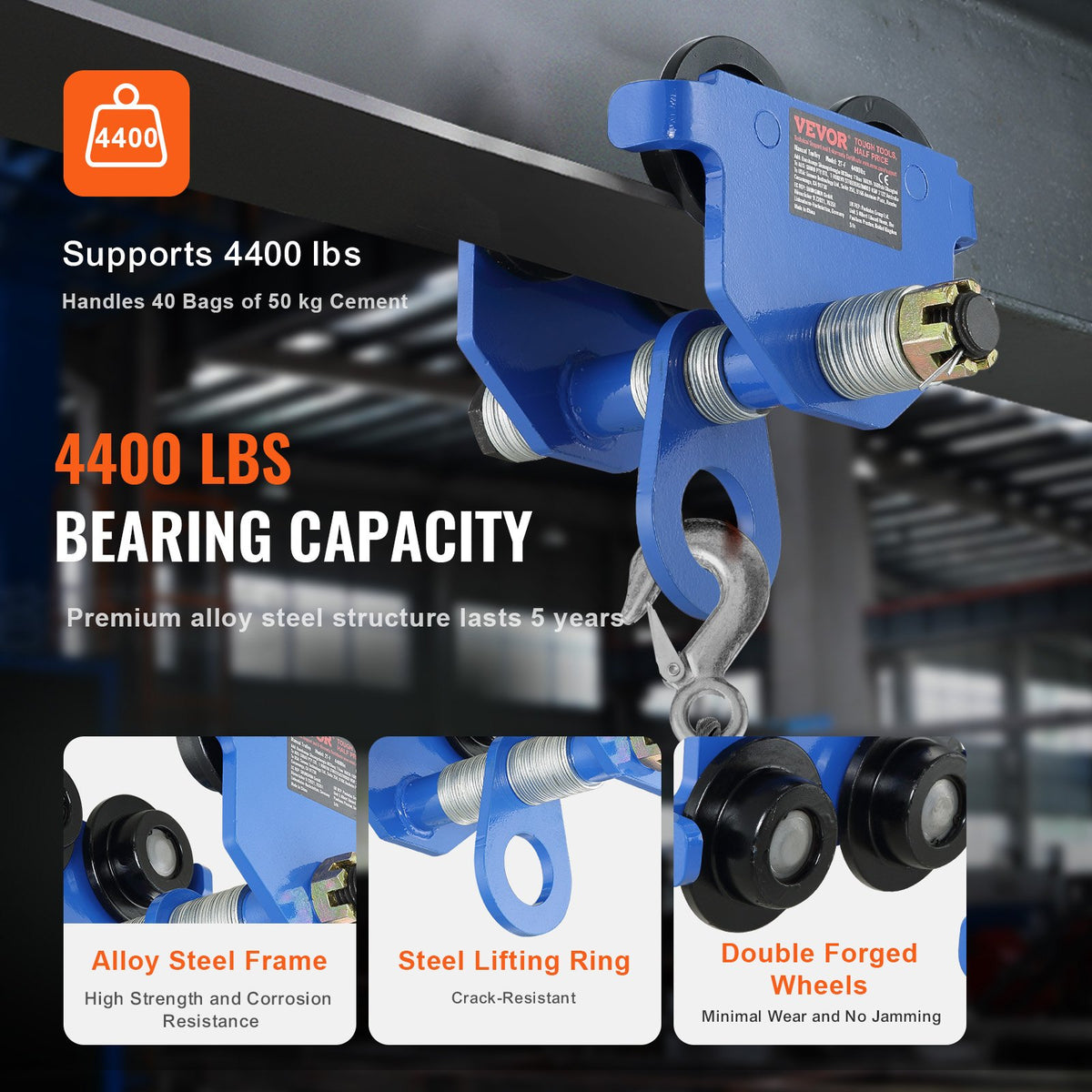 Manual Trolley, 2 Ton Load Capacity, Push Beam Trolley with Dual Wheels, Adjustable for I-Beam Flange Width 63.5 mm to 177.8 mm, Heavy Duty Alloy Steel Garage Hoist for Straight Curved I Beam
