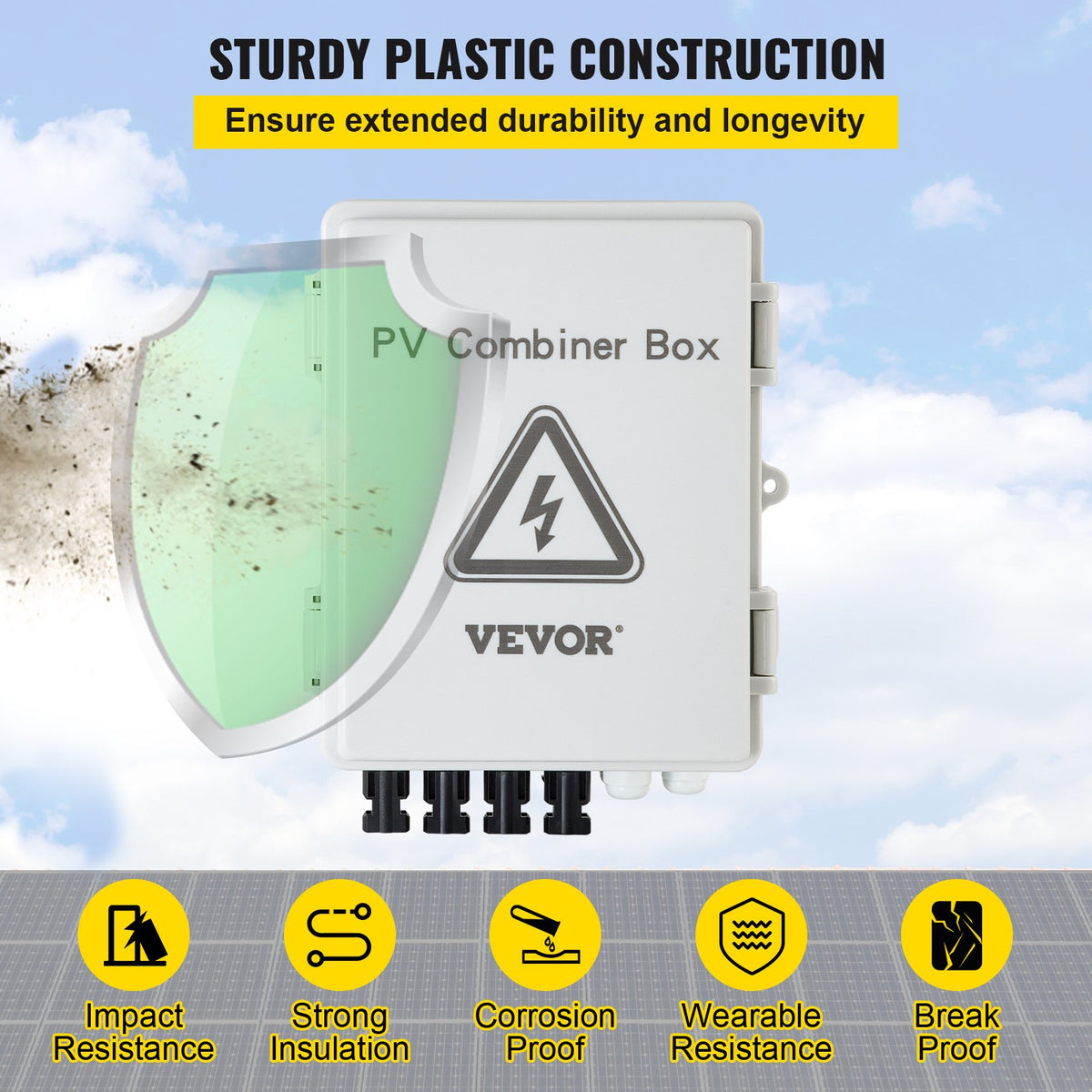 PV Combiner Box, 4 String with 15A Rated Current Fuse, 63A Circuit Breaker, Lightning Arreste Connector for On/Off Grid Solar Panel System, IP65