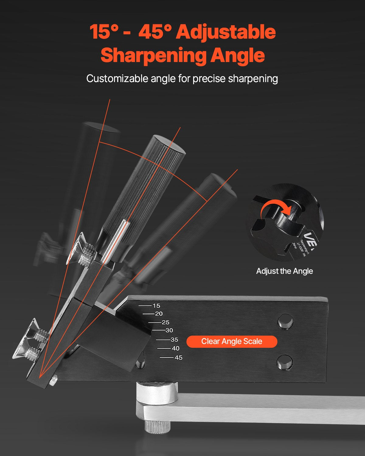 Lawn Mower Blade Sharpener and Balancer, 15° - 45° Adjustable Lawnmower Blade Sharpening Tool with 4 Adapter Pins, Ball Bearings & 25mm Enlarged Handle, Compatible with Most Angle Grinders