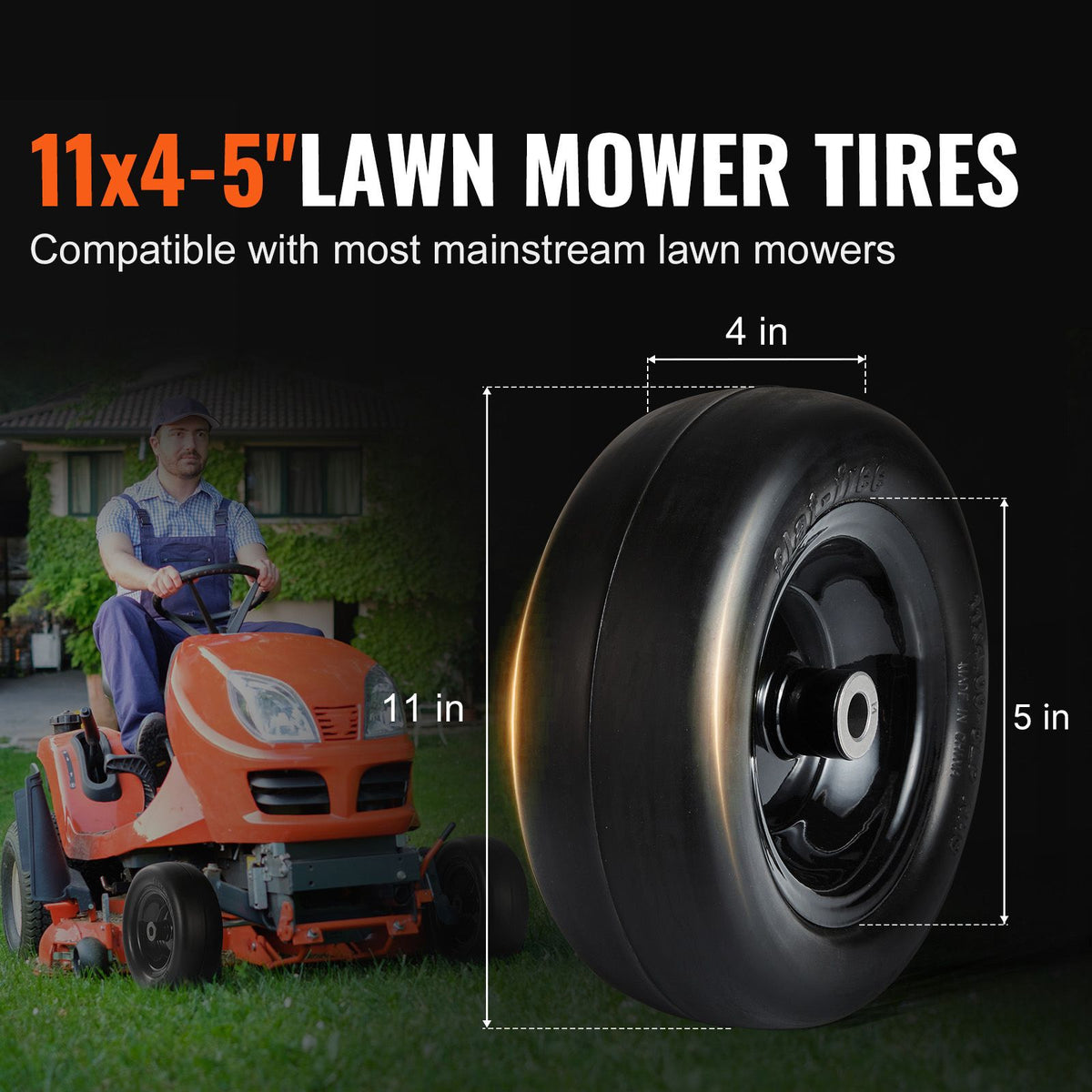 Lawn Mower Tires with Rim, 11x4-7" Tubeless Tractor Tires, 2-Pack Tire and Wheel Assemby, Flat-free PU Tire, 3.4" Centered Hub, 3/4" Bushing Size, 20 PCS Adapters for Riding Mowers Lawn Tractors