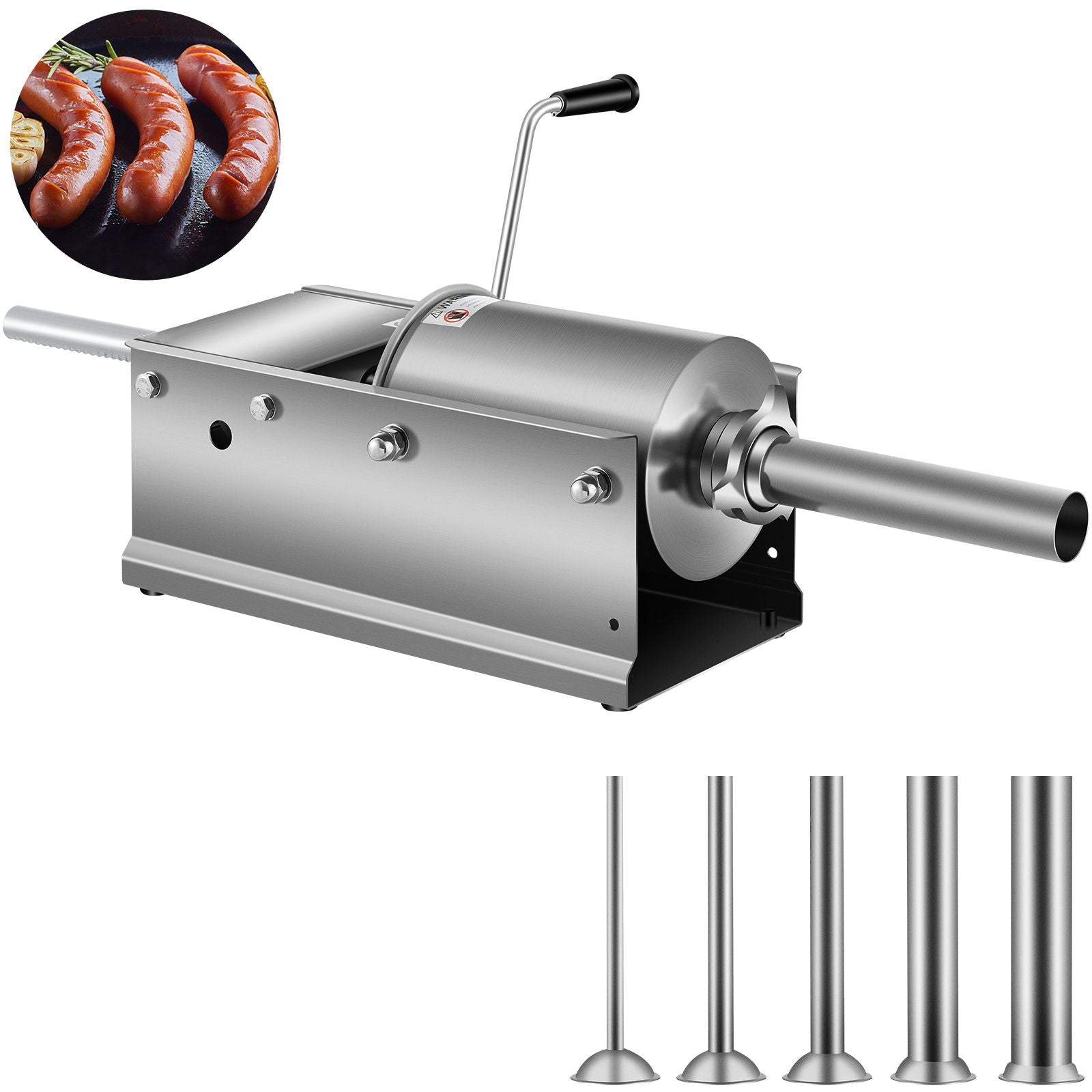 Manual Sausage Stuffer, 3 L / 7 LBS Horizontal Sausage Machine, Dual-Speed Meat Stuffer, Made of Food-Grade 304 Stainless Steel, Includes 5 Stuffing Tubes, for Home Kitchen Restaurant Commercial
