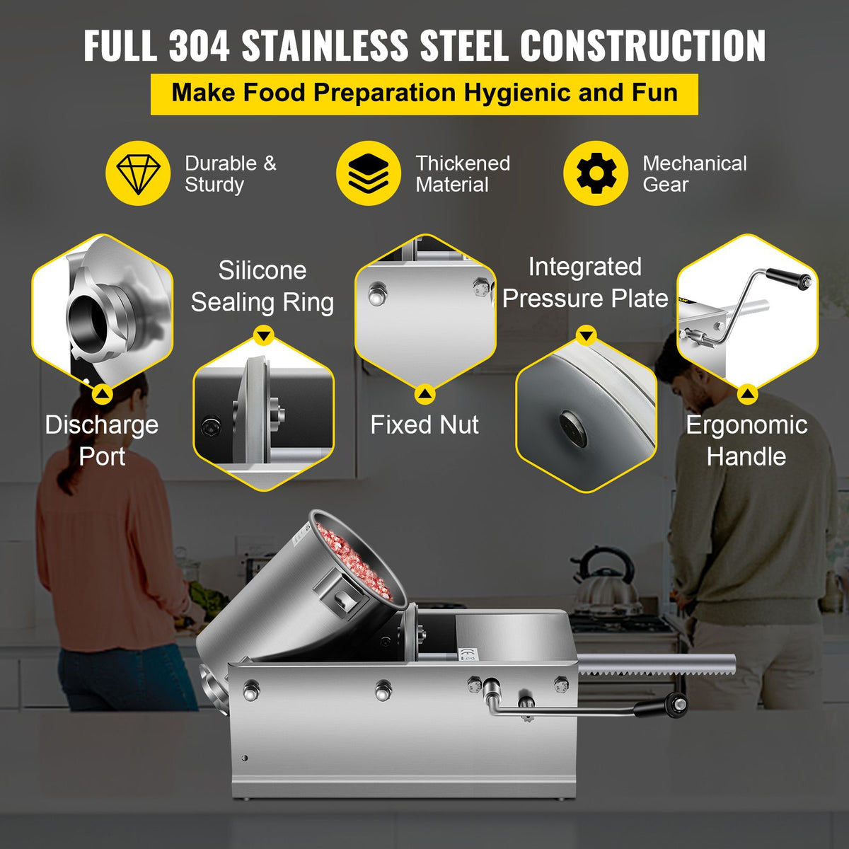 Manual Sausage Stuffer, 3 L / 7 LBS Horizontal Sausage Machine, Dual-Speed Meat Stuffer, Made of Food-Grade 304 Stainless Steel, Includes 5 Stuffing Tubes, for Home Kitchen Restaurant Commercial