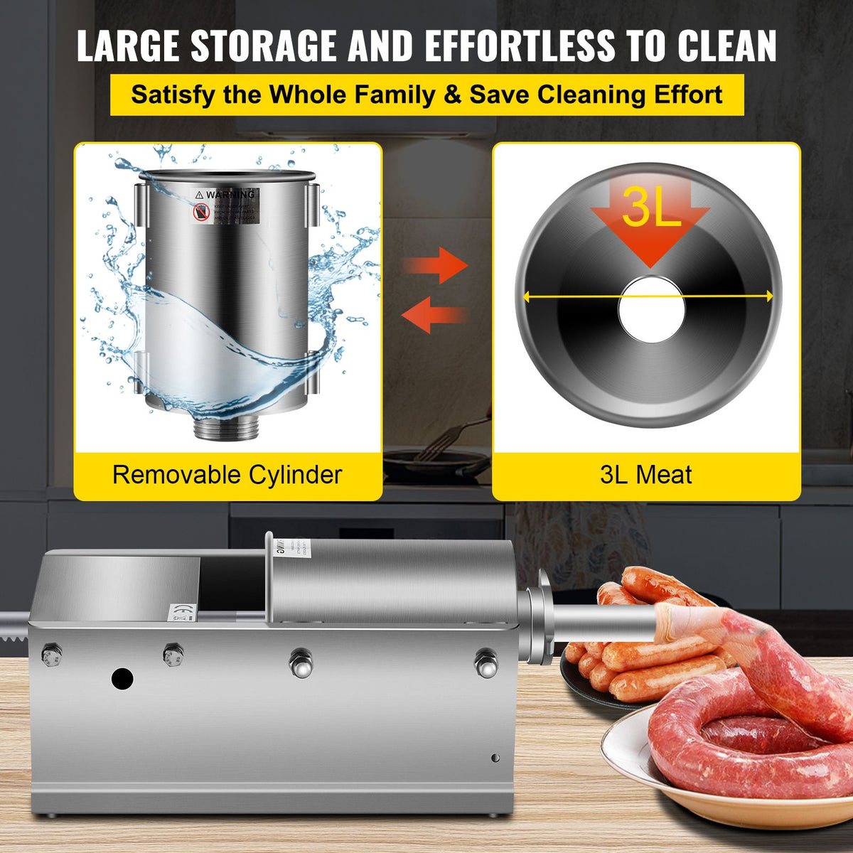 Manual Sausage Stuffer, 3 L / 7 LBS Horizontal Sausage Machine, Dual-Speed Meat Stuffer, Made of Food-Grade 304 Stainless Steel, Includes 5 Stuffing Tubes, for Home Kitchen Restaurant Commercial