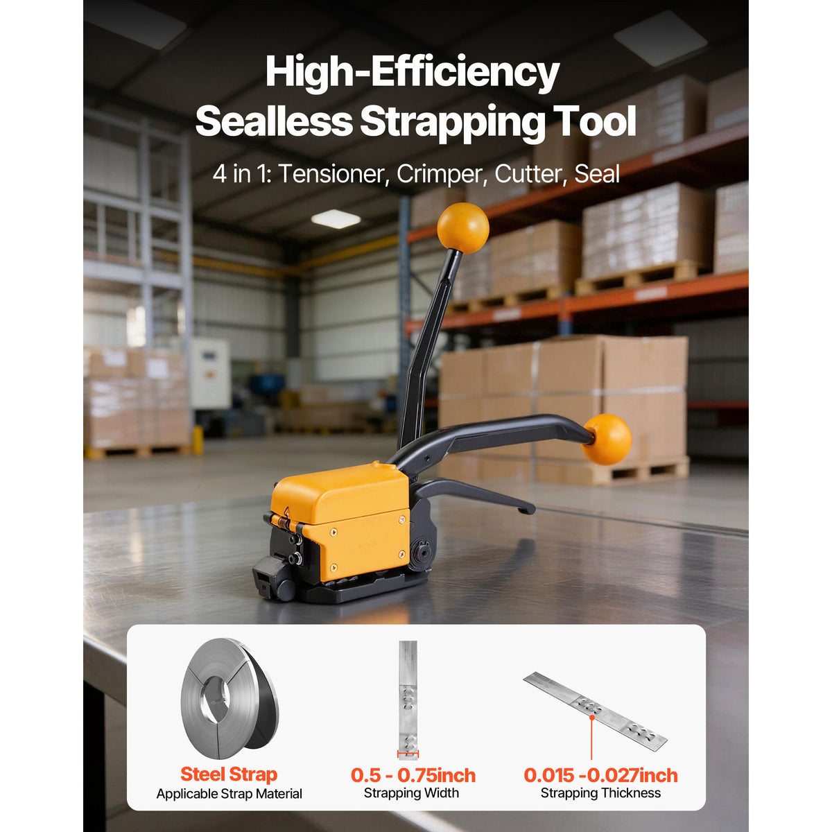 Banding Strapping Kit, Heavy Duty A3 Steel Banding Sealer Tool with Adjustable Width, Manual Metal Pallet Packaging Strapping Kit for Warehouse, Transportation, Industrial Bundling, Home Use