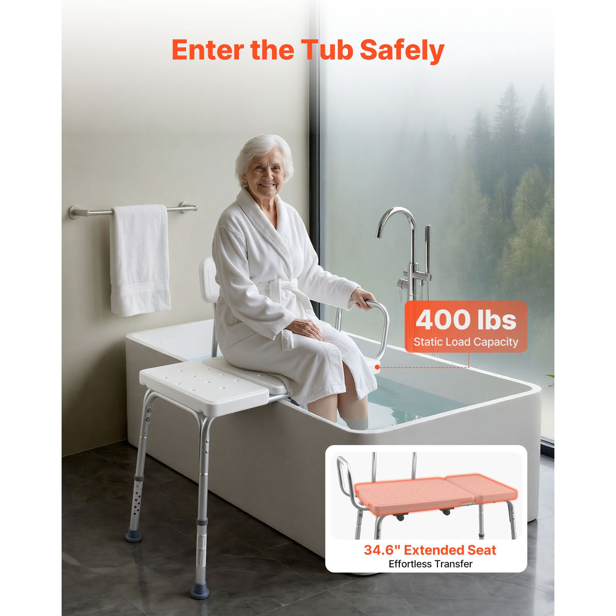 Tub Transfer Bench for Bathtub, 180 kg Capacity Heavy Duty Shower Chair with Arm, Backrest and Curtain Slot, Height Adjustable Shower Bench Bath Seat for Adults, Seniors, Elderly and Disabled