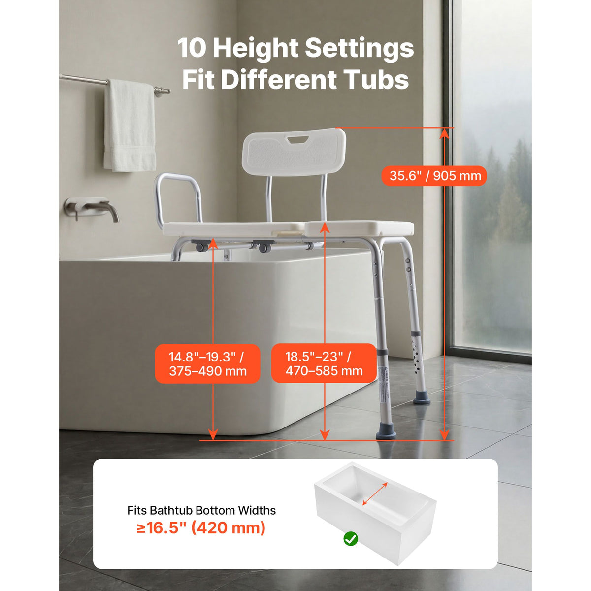 Tub Transfer Bench for Bathtub, 180 kg Capacity Heavy Duty Shower Chair with Arm, Backrest and Curtain Slot, Height Adjustable Shower Bench Bath Seat for Adults, Seniors, Elderly and Disabled