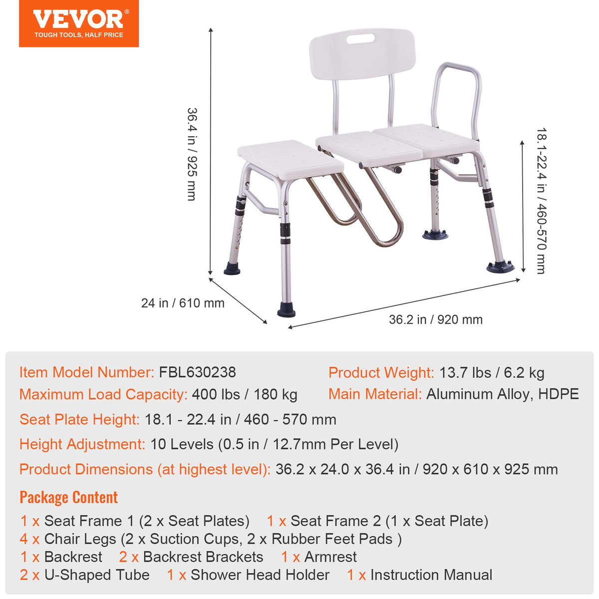 Tub Transfer Bench Bathtub Shower Seat for Senior Height Adjustable 400LBS