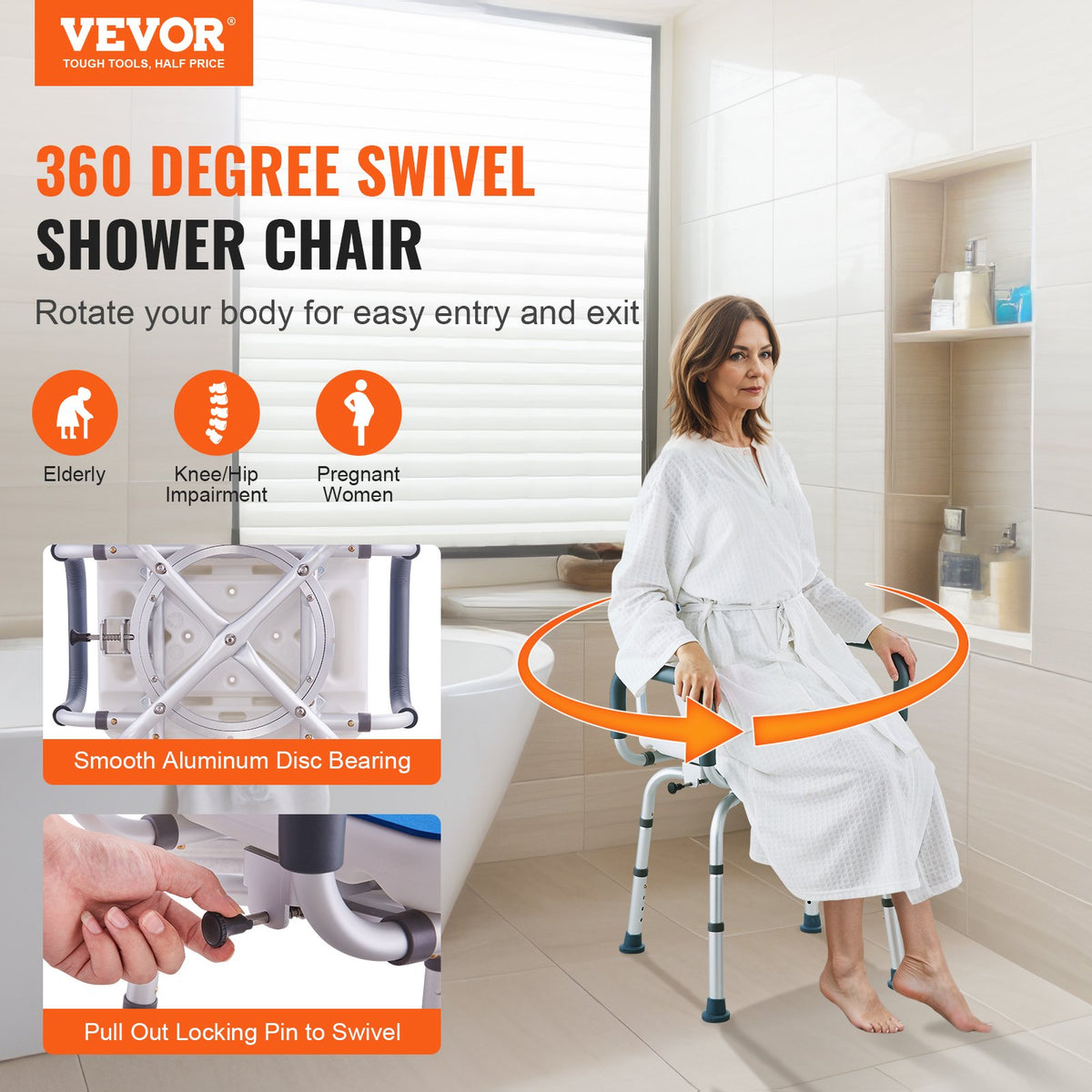 Swivel Shower Chair 360 Degree, Adjustable Shower Seat with Armrests and Backrest for Inside Shower or Bathtub, Non-Slip Rotating Bathtub Chair Seat for Elderly Disabled Injured, 400lbs Capacity