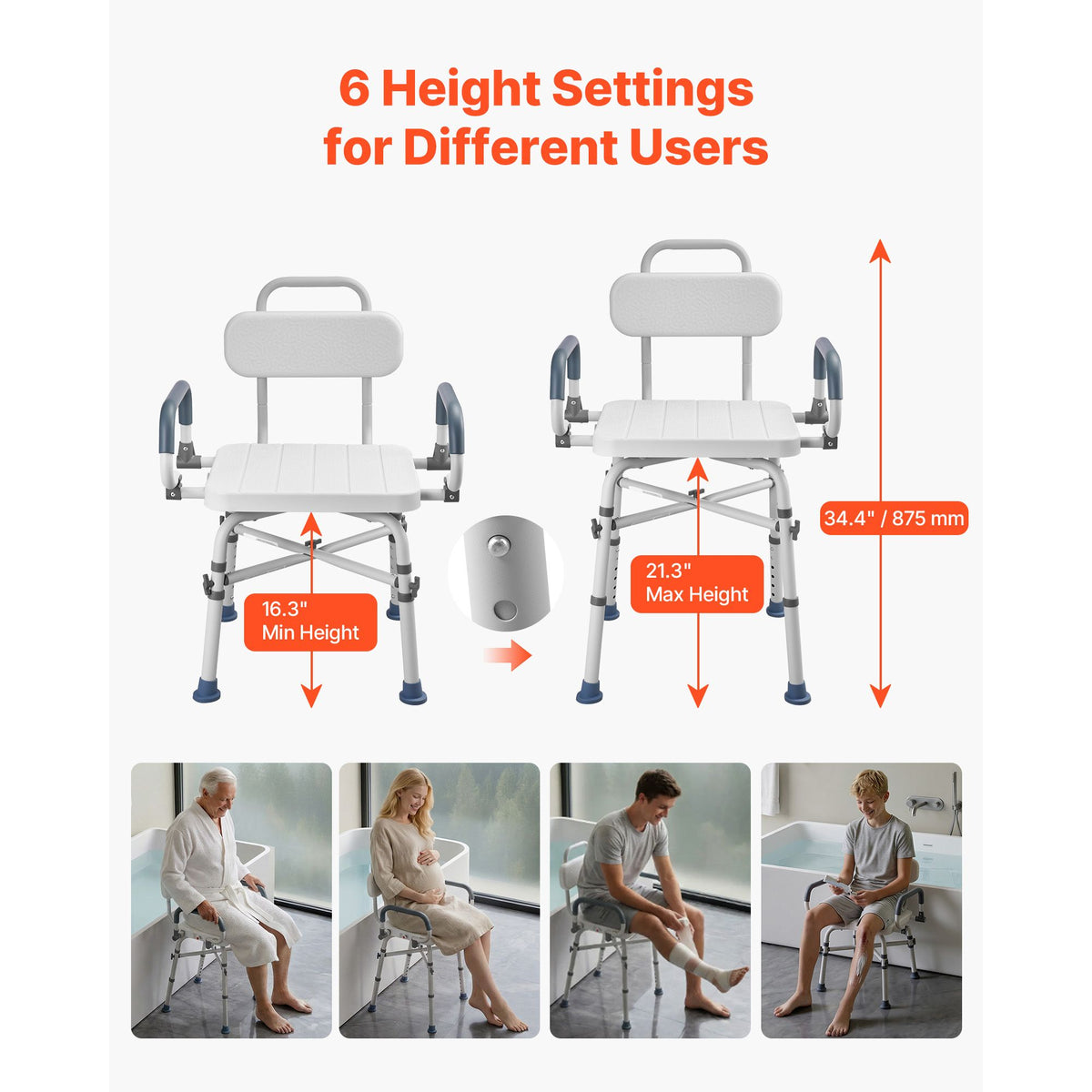 Swivel Shower Chair with Arms and Back, 227 kg Load Heavy Duty Bench Seat for Inside Shower Stall and Bathtub, Height Adjustable Bathroom Bath Tub Seat for Adults, Seniors, Elderly and Disabled