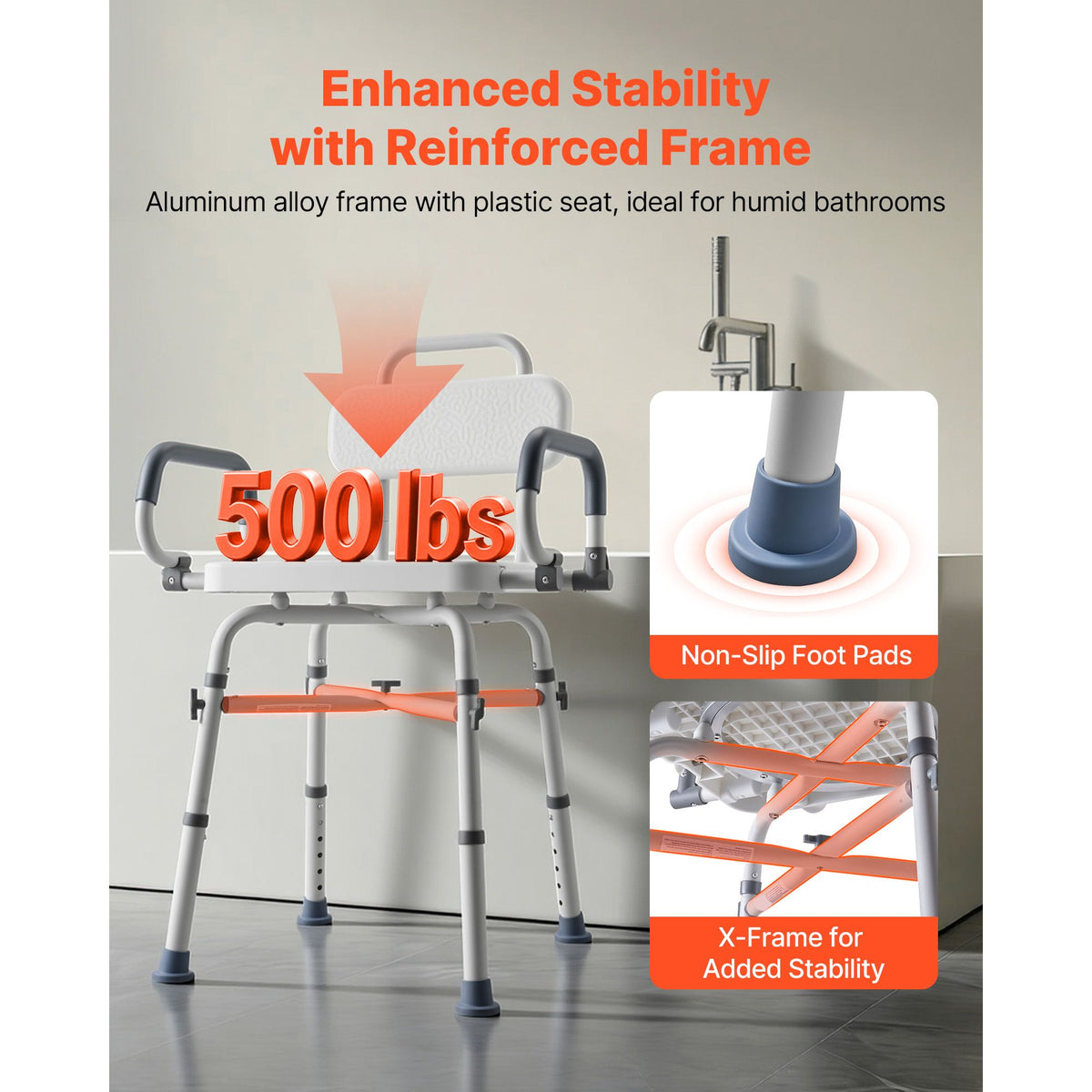 Swivel Shower Chair with Arms and Back, 227 kg Load Heavy Duty Bench Seat for Inside Shower Stall and Bathtub, Height Adjustable Bathroom Bath Tub Seat for Adults, Seniors, Elderly and Disabled