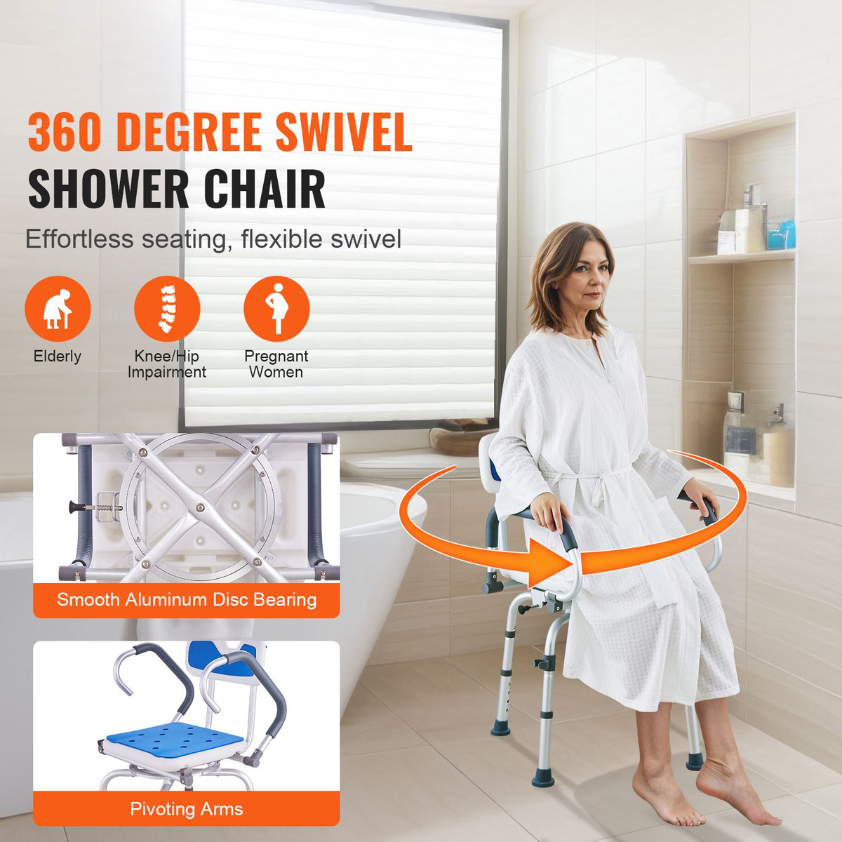 Swivel Shower Chair 360 Degree, Adjustable Shower Seat with Pivoting Arms for Inside Showers or Tubs, Non-Slip Rotating Bathtub Shower Chair for Elderly Disabled Injured, 400LBS Capacity