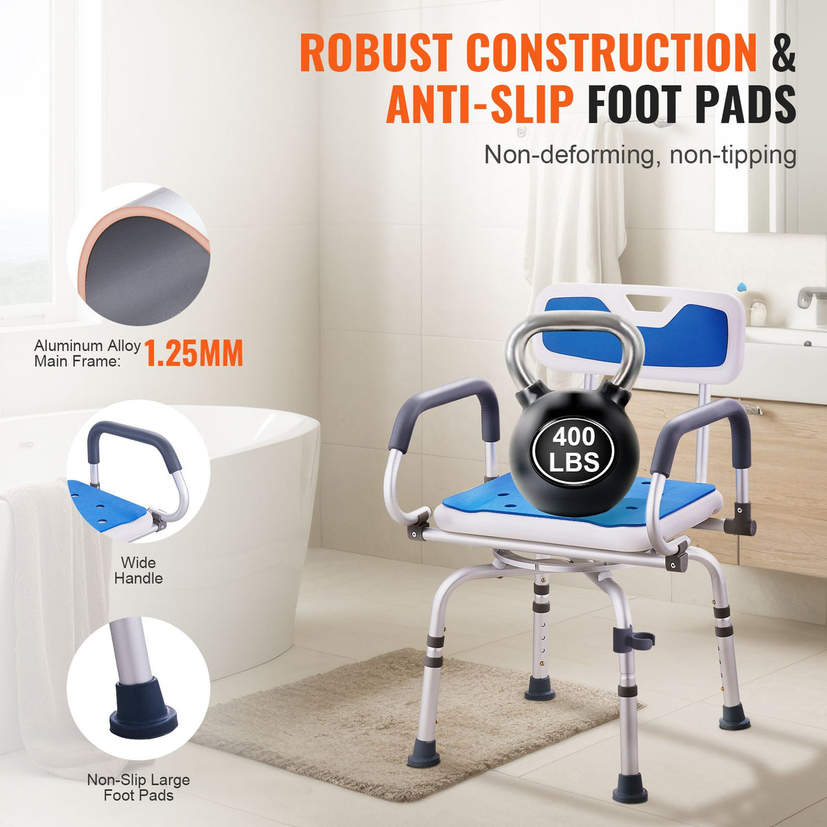 Swivel Shower Chair 360 Degree, Adjustable Shower Seat with Pivoting Arms for Inside Showers or Tubs, Non-Slip Rotating Bathtub Shower Chair for Elderly Disabled Injured, 400LBS Capacity