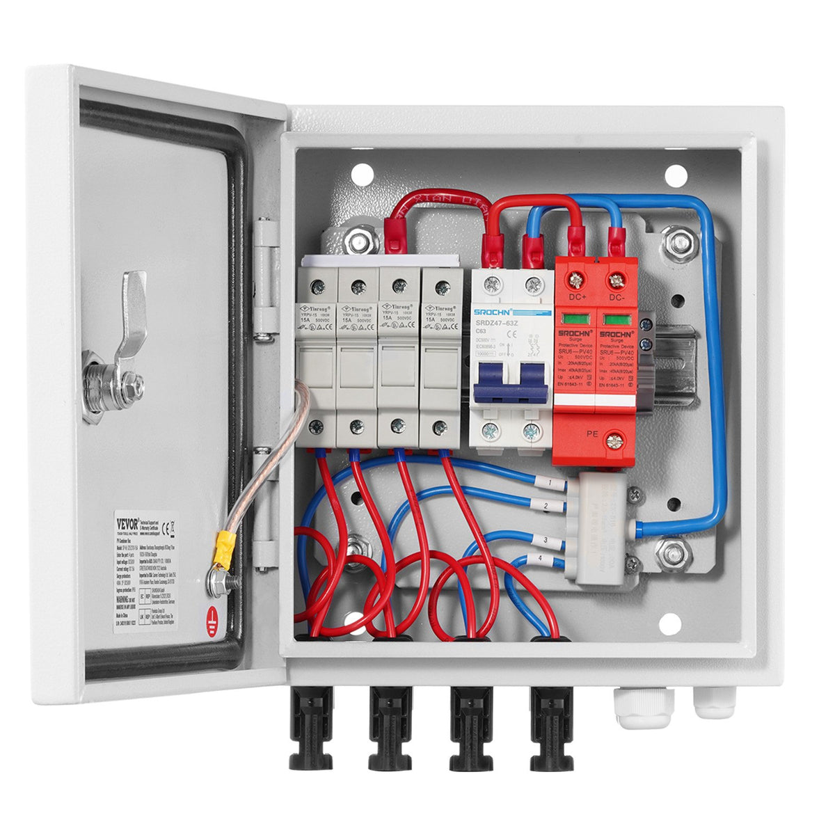 PV Combiner Box, 4 String, Solar Combiner Box with 15A Rated Current Fuse 63A Circuit Breaker Lightning Arrester and Solar Connector, Steel Case for On / Off Grid Solar Panel System, IP65
