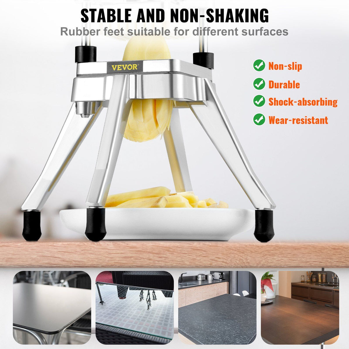 Commercial Vegetable Fruit Chopper, Stainless Steel French Fry Cutter with 4 Blades 1/4" 3/8" 1/2", 6-wedge Slicer, Chopper Dicer with Tray, Heavy Duty Cutter for Potato Tomato Onion Mushroom