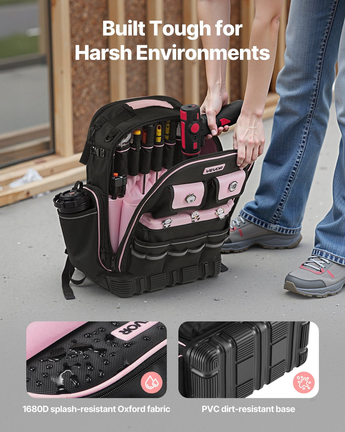 Tool Backpack, 56 Pockets, Heavy-duty Tools Storage Organizer Work Bags with Laptop Compartment & Molded Base, Electrician Jobsite Backpack for Electrician, Repairman, and HVAC Techs