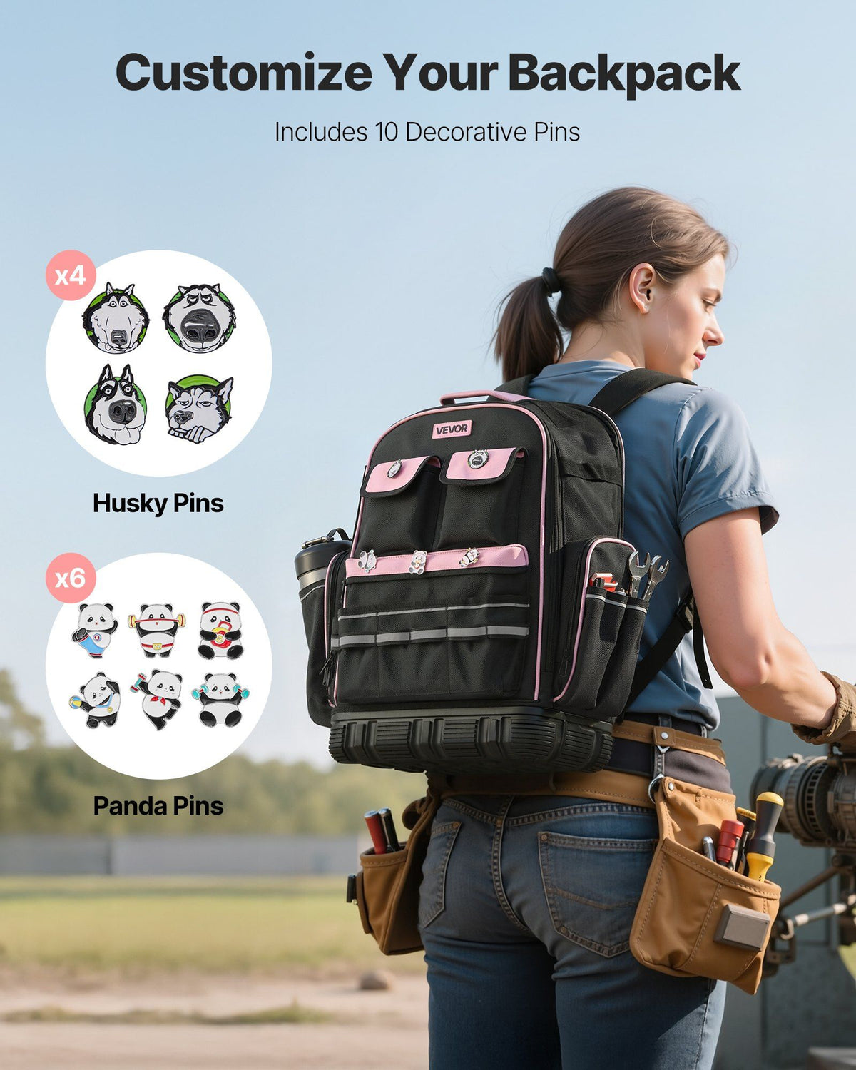 Tool Backpack, 56 Pockets, Heavy-duty Tools Storage Organizer Work Bags with Laptop Compartment & Molded Base, Electrician Jobsite Backpack for Electrician, Repairman, and HVAC Techs