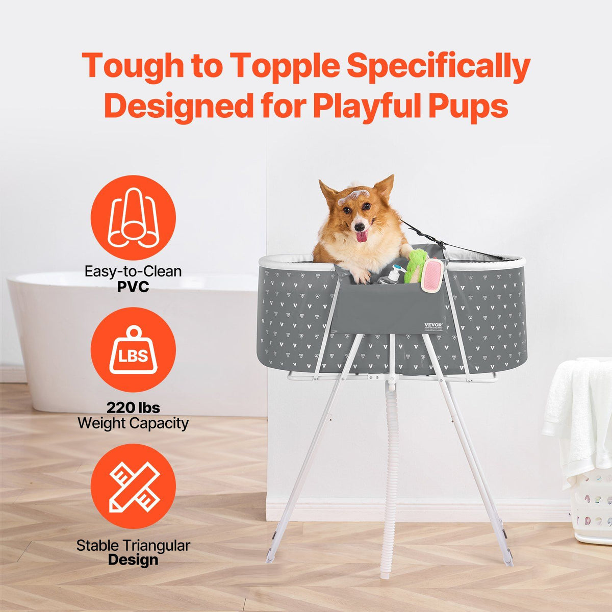 Portable Dog Bathtub, Elevated & Foldable Space-saving Pet Shower Station with Efficient Drainage, Bathing Tub for Washing & Grooming Small and Medium Size Dogs and Cats Indoor & Outdoor, Grey