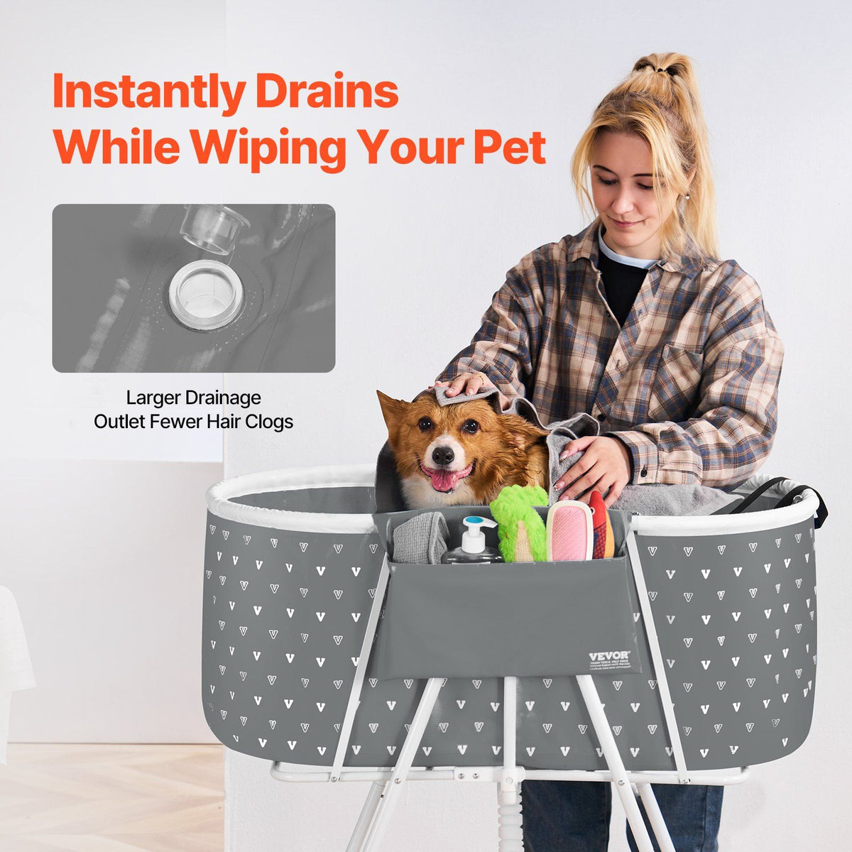 Portable Dog Bathtub, Elevated & Foldable Space-saving Pet Shower Station with Efficient Drainage, Bathing Tub for Washing & Grooming Small and Medium Size Dogs and Cats Indoor & Outdoor, Grey