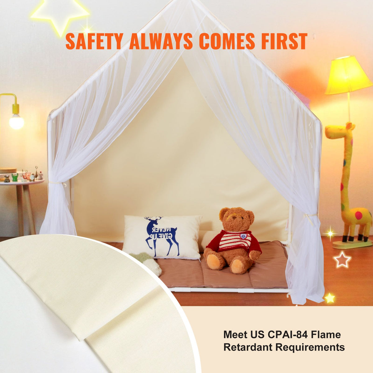 Kids Play Tent, Kids Tent for Kids 1-5 Years Old, Toddler Tent with Mat and Tent Lamp, Tent for Kids with Windows for Indoor and Outdoor, Yurt Tent for Boys and Girls, Beige