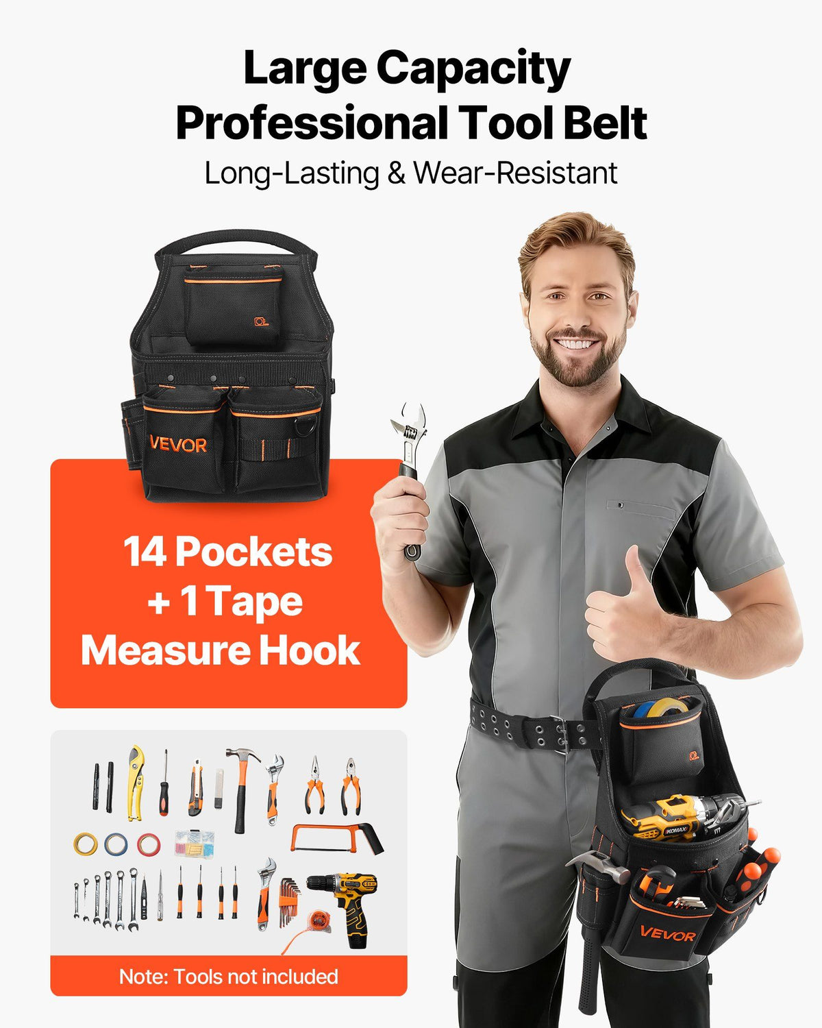 Tool Pouch with Belt, 14 Pockets Professional Tool Belt Pouch for Men, Heavy Duty Detachable Adjustable Utility Work Bag for Electrician, Carpenter, Construction, Adjusts Waist 83 cm to 127 cm