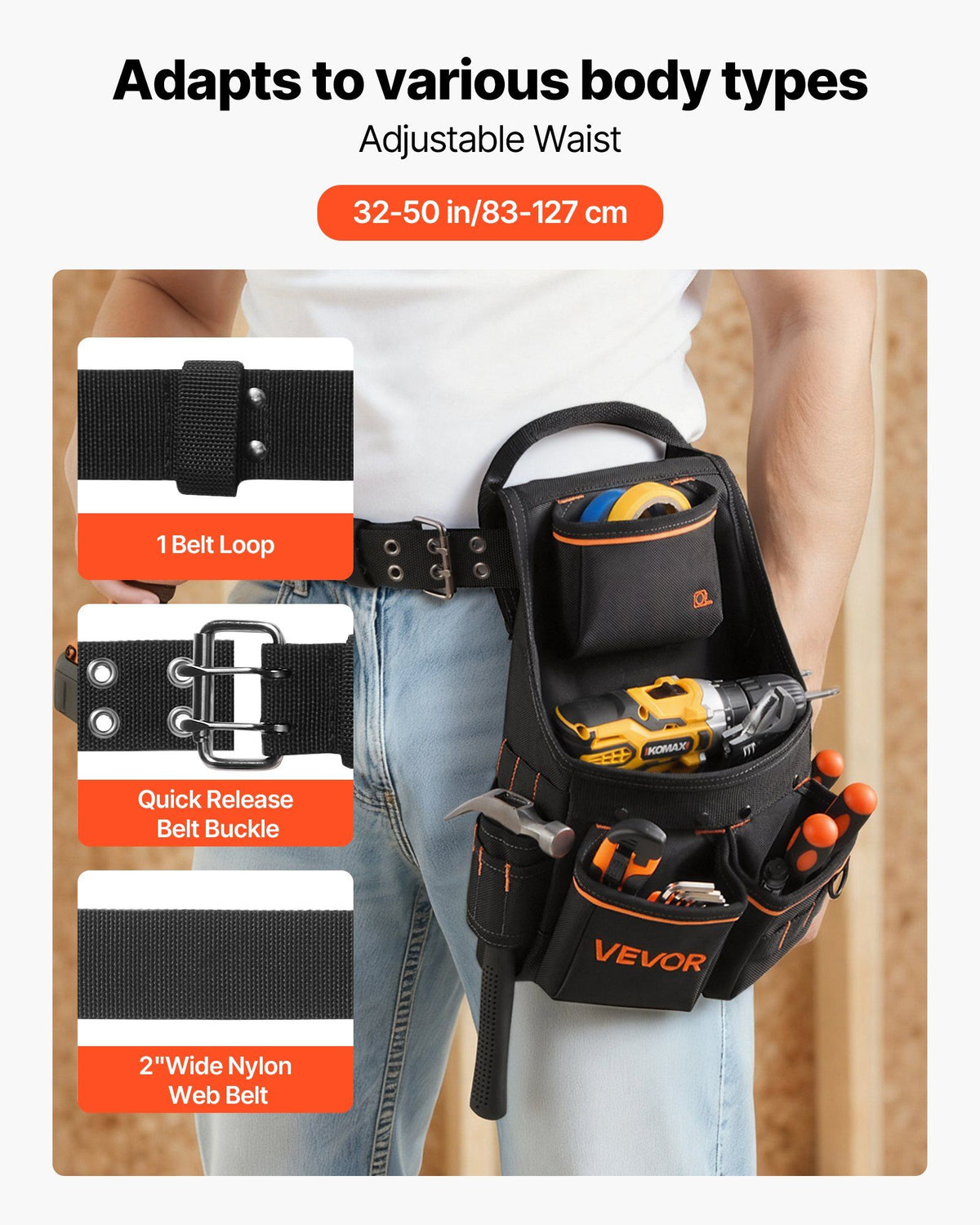 Tool Pouch with Belt, 14 Pockets Professional Tool Belt Pouch for Men, Heavy Duty Detachable Adjustable Utility Work Bag for Electrician, Carpenter, Construction, Adjusts Waist 83 cm to 127 cm