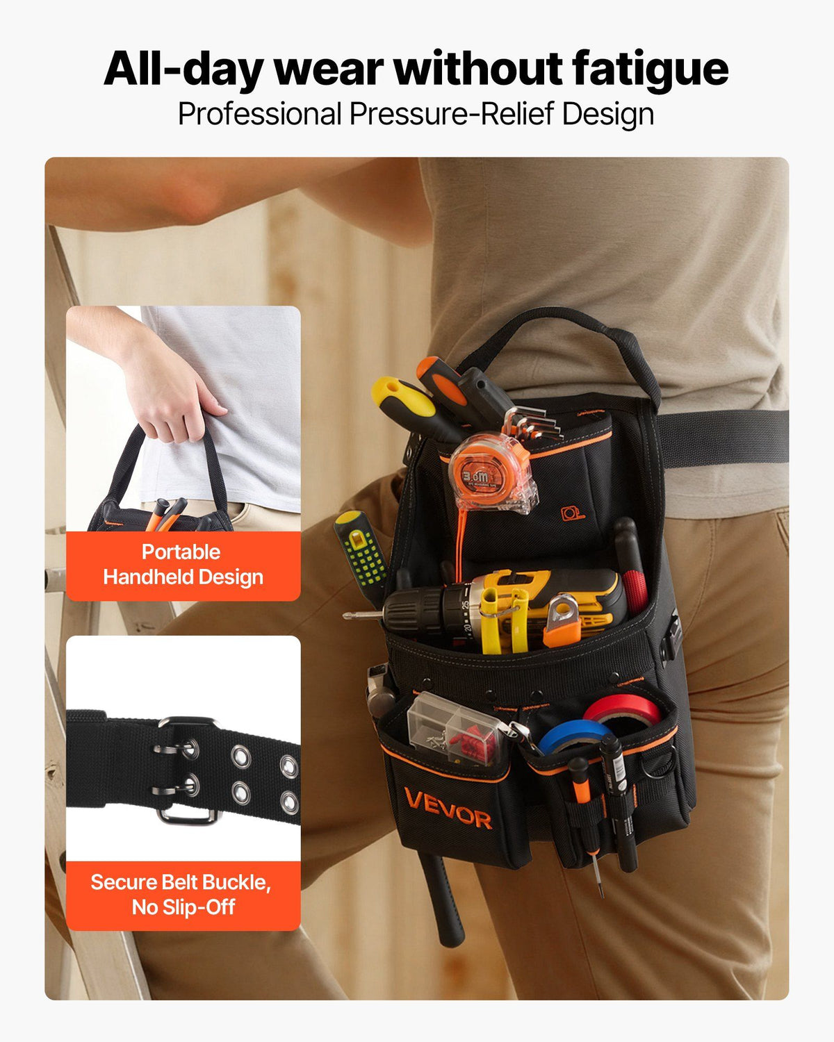 Tool Pouch with Belt, 14 Pockets Professional Tool Belt Pouch for Men, Heavy Duty Detachable Adjustable Utility Work Bag for Electrician, Carpenter, Construction, Adjusts Waist 83 cm to 127 cm
