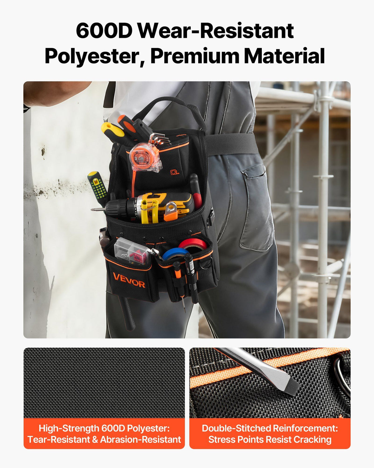 Tool Pouch with Belt, 14 Pockets Professional Tool Belt Pouch for Men, Heavy Duty Detachable Adjustable Utility Work Bag for Electrician, Carpenter, Construction, Adjusts Waist 83 cm to 127 cm