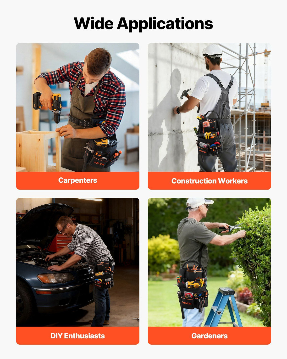 Tool Pouch with Belt, 14 Pockets Professional Tool Belt Pouch for Men, Heavy Duty Detachable Adjustable Utility Work Bag for Electrician, Carpenter, Construction, Adjusts Waist 83 cm to 127 cm