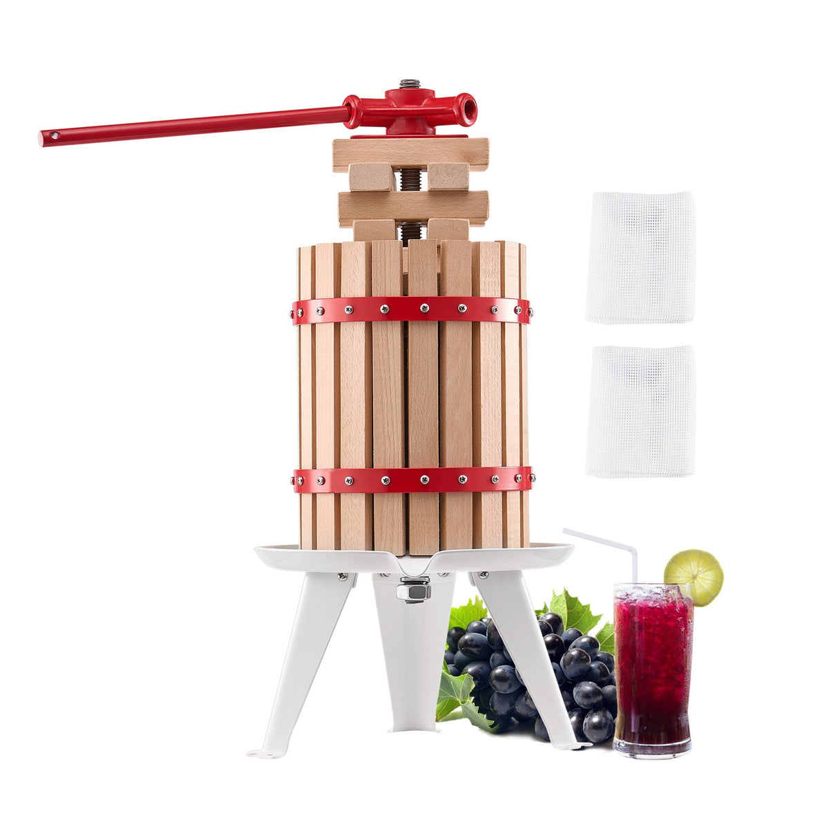 1.6 Gal/6L Fruit Wine Press, Solid Wood Basket with 8 Blocks, Heavy Duty Manual Juice Maker, Cider Apple Grape Tincture Honey Olive Oil Making Press with Handle for Kitchen, Home