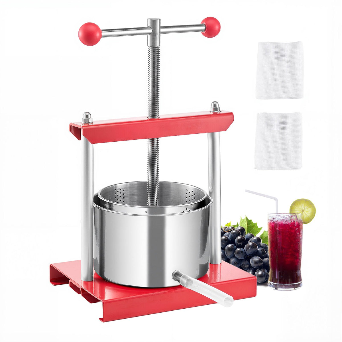 0.8 Gal/3L Fruit Wine Press, 2 Stainless Steel Barrels, Manual Juice Maker, Cider Apple Grape Tincture Honey Olive Oil Making Press with T-Handle for Outdoor Kitchen Home