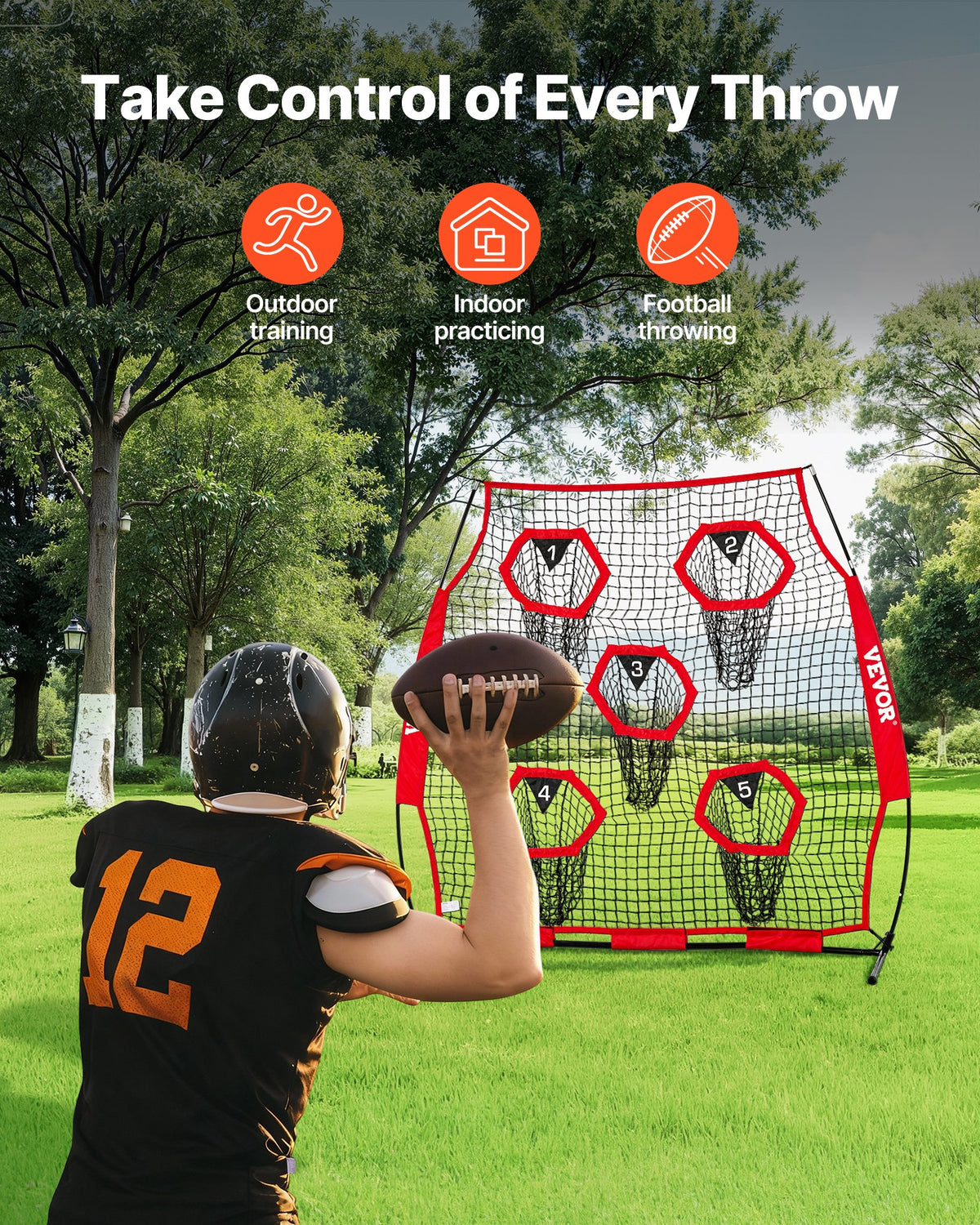 1828.8x1828.8mm Football Trainer Throwing Net, Training Throwing Target Practice Net with 5 Target Pockets, Knotless Net Includes Straps and Portable Carry Case, Improve QB Throwing Accuracy,Red
