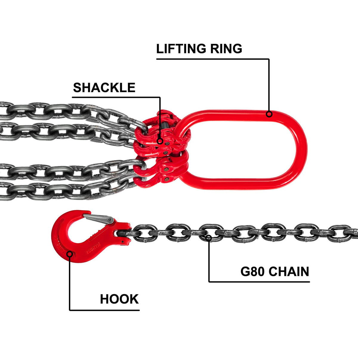 Chain Sling, 8 mm x 1m Lifting Chains with Hooks, G80 Engine Chain Hoist Lifts, 5 Ton Load Capacity Lifting Sling Chains for Engine Hoist, Engine Lift Chain with 4 Leg Grab Hooks Heavy Duty