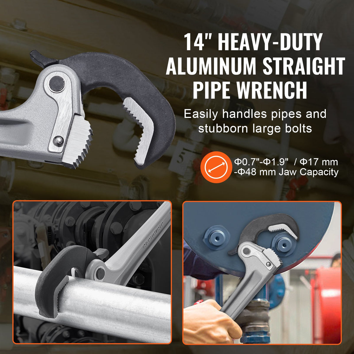 Pipe Wrench, 14" Aluminum Straight Pipe Wrench, Automatic Jaw Adjustment, Adjustable Plumbing Wrench, Easy to Carry, Ergonomic Handle, Hangable Design, for Water Pipes, Automotive Repairs