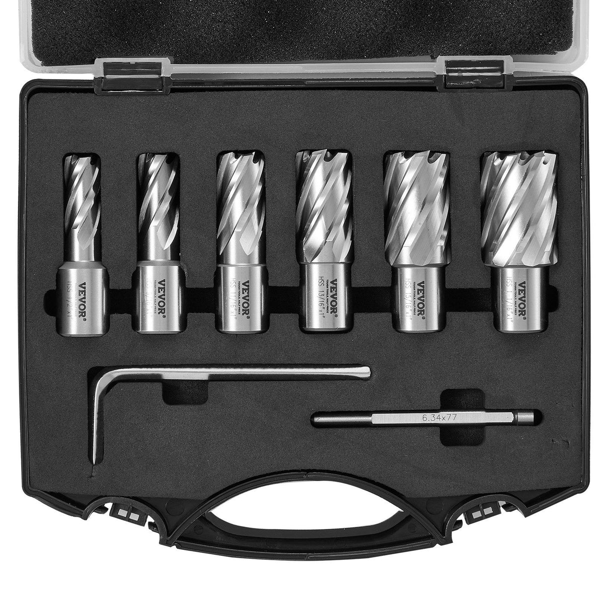 Annular Cutter Set, 6 pcs Weldon Shank Mag Drill Bits, 1" Cutting Depth, 1/2" to 1-1/16" Cutting Diameter, M2AL High-Speed Steel, with Pilot Pin and Portable Case, for Using with Magnetic Drills