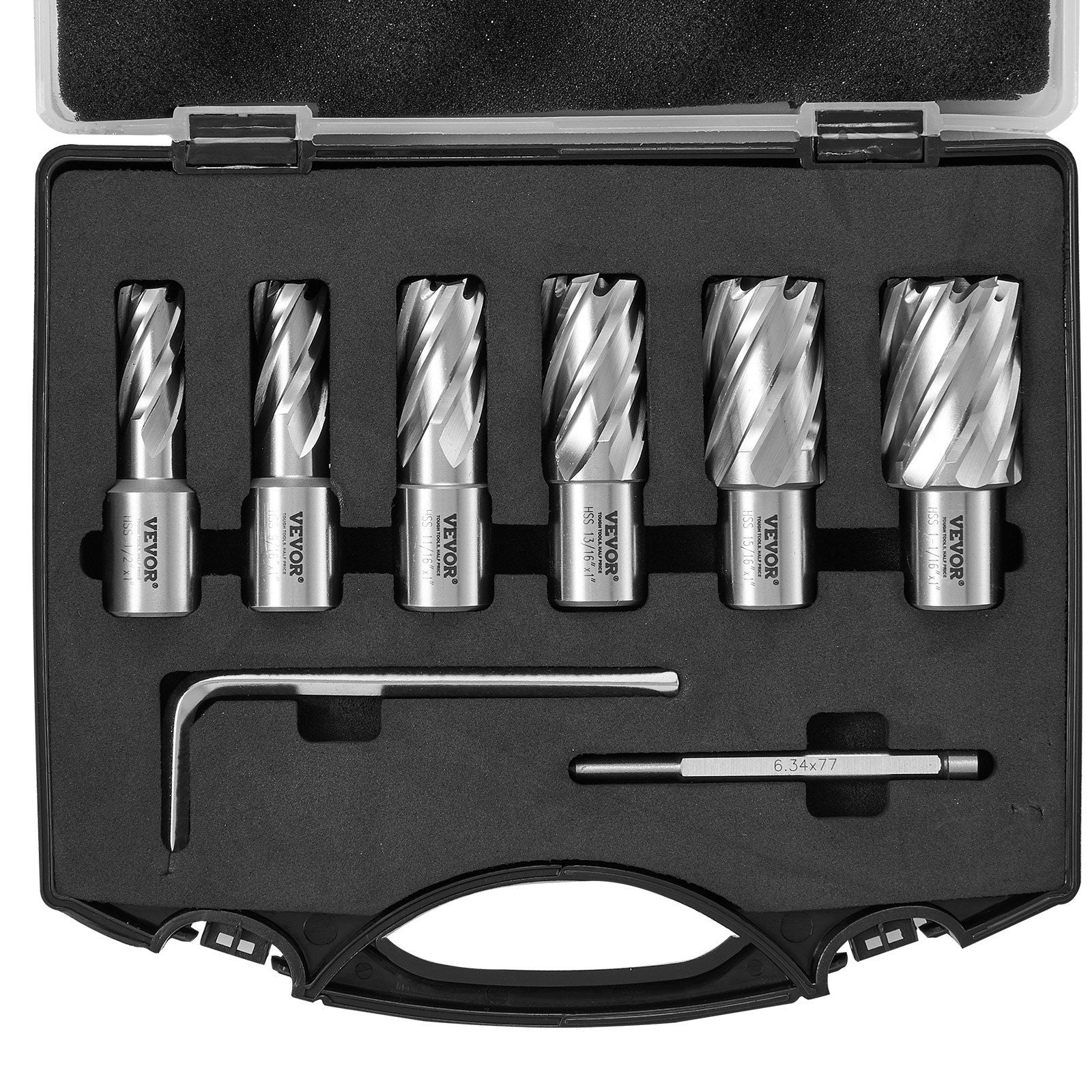 Annular Cutter Set, 6 pcs Weldon Shank Mag Drill Bits, 1" Cutting Depth, 1/2" to 1-1/16" Cutting Diameter, M2AL High-Speed Steel, with Pilot Pin and Portable Case, for Using with Magnetic Drills