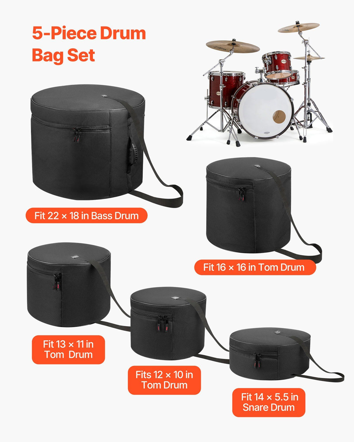 5-Piece Drum Case Set, 600D, Padded Drum Bags for Bass, Tom, and Snare, Thick Padding, Lightweight Protective Covers, Travel Storage Cases with Portable Handle, for Drums Accessories Protection