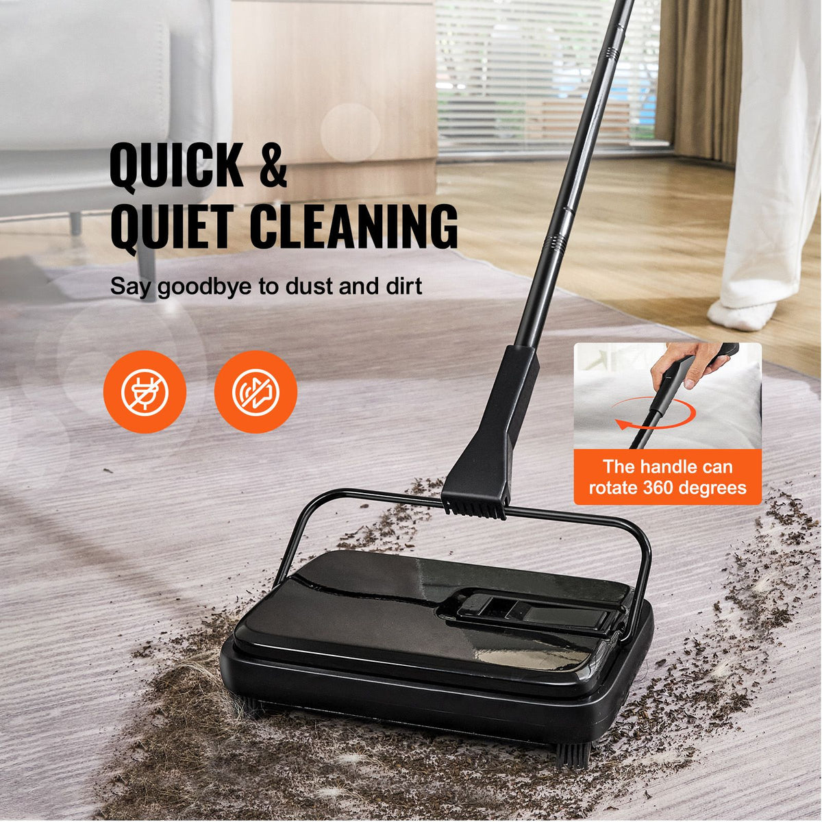 Carpet Sweeper, 200 mm Sweeping Paths, Floor Sweeper Manual Non Electric, 300 ml Dustbin Capacity with Comb for Home Office Rugs Hardwood Surfaces Wood Floors Laminate, Cleans Dust Pet Hair