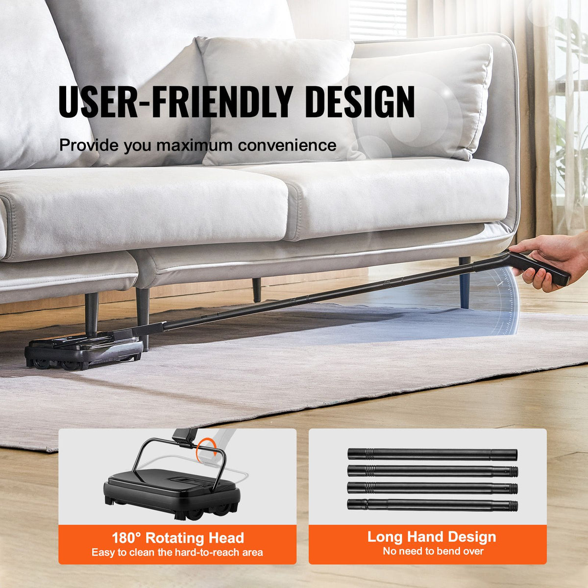 Carpet Sweeper, 200 mm Sweeping Paths, Floor Sweeper Manual Non Electric, 300 ml Dustbin Capacity with Comb for Home Office Rugs Hardwood Surfaces Wood Floors Laminate, Cleans Dust Pet Hair