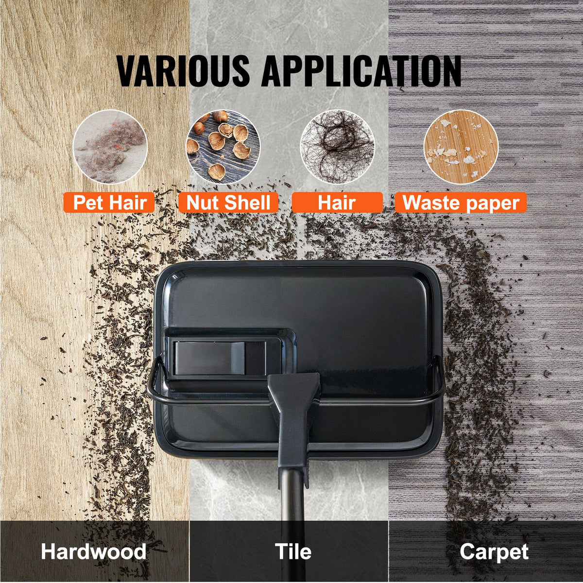 Carpet Sweeper, 200 mm Sweeping Paths, Floor Sweeper Manual Non Electric, 300 ml Dustbin Capacity with Comb for Home Office Rugs Hardwood Surfaces Wood Floors Laminate, Cleans Dust Pet Hair