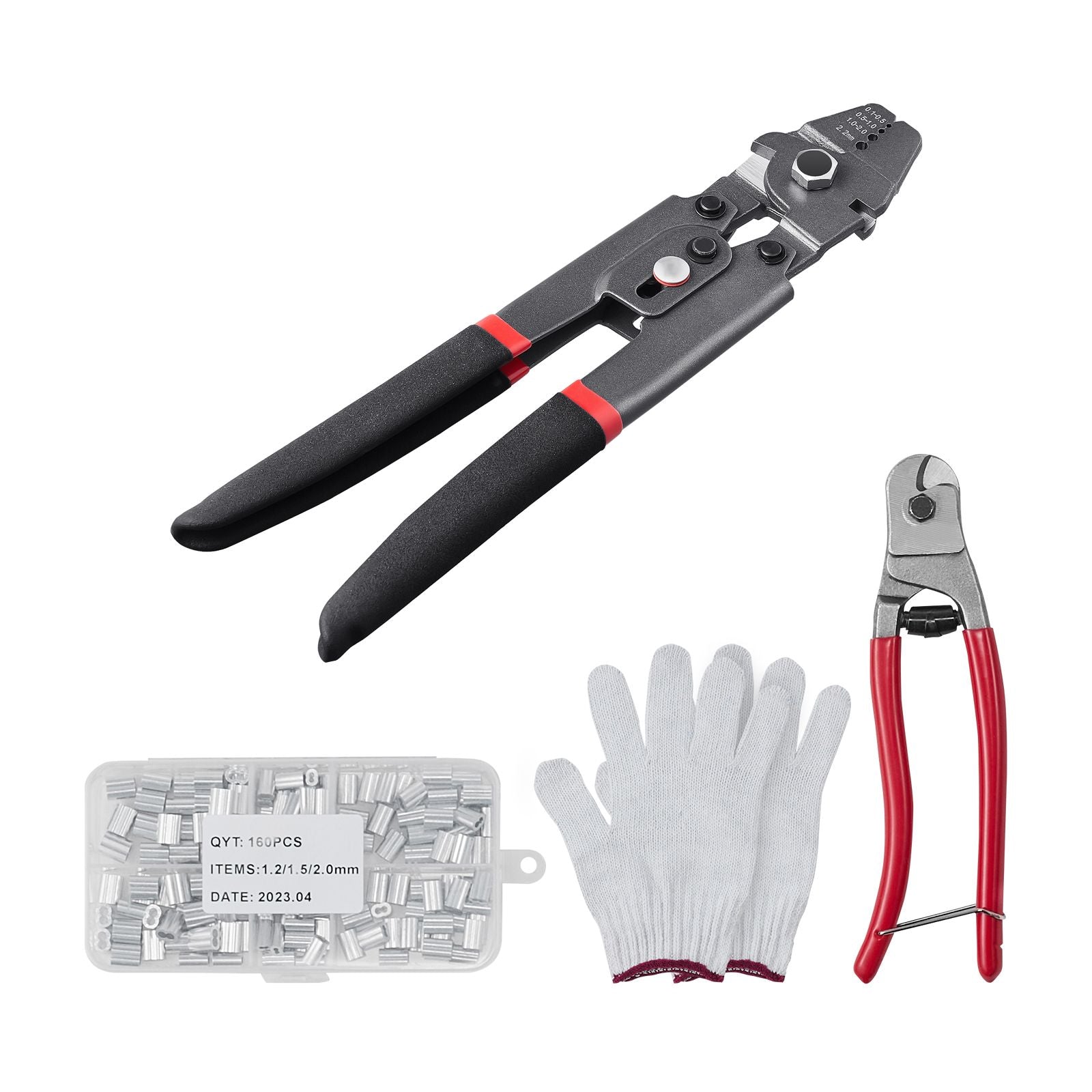 Crimping Tool, Up To 2.2mm Wire Rope Crimping Tool, Crimping Loop Sleeve Kit with a Cable Cutter and 160pcs Aluminum Buckles, Teflon Coating Anti-Rust Fishing Crimping Tool