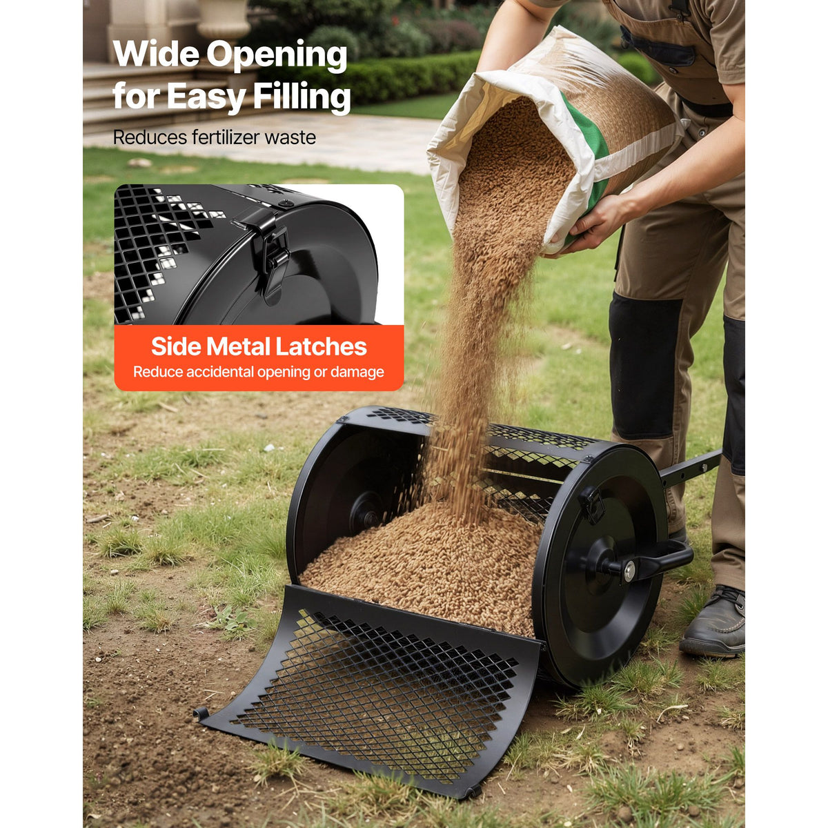Compost Spreader, 42 cm Wide Peat Moss Spreader with T Shaped Handle, 3 Heights Adjustable, Powder-Coated Steel Garden Peat Moss Roller, Heavy Duty Grass Seed Roller for Planting Seeding, Black