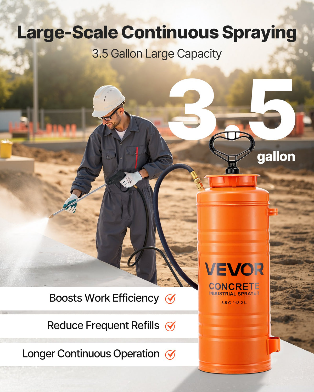 Industrial Concrete Sprayer, 14L Stainless Steel Sprayer, Heavy Duty Tri-Poxy Pump Sprayers, 52cm Wand with Ergonomic Gun Handle, 1.2m & 3m Hoses, 2 Brass Nozzles for Construction, Garden