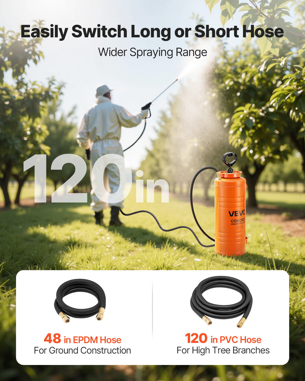 Industrial Concrete Sprayer, 14L Stainless Steel Sprayer, Heavy Duty Tri-Poxy Pump Sprayers, 52cm Wand with Ergonomic Gun Handle, 1.2m & 3m Hoses, 2 Brass Nozzles for Construction, Garden