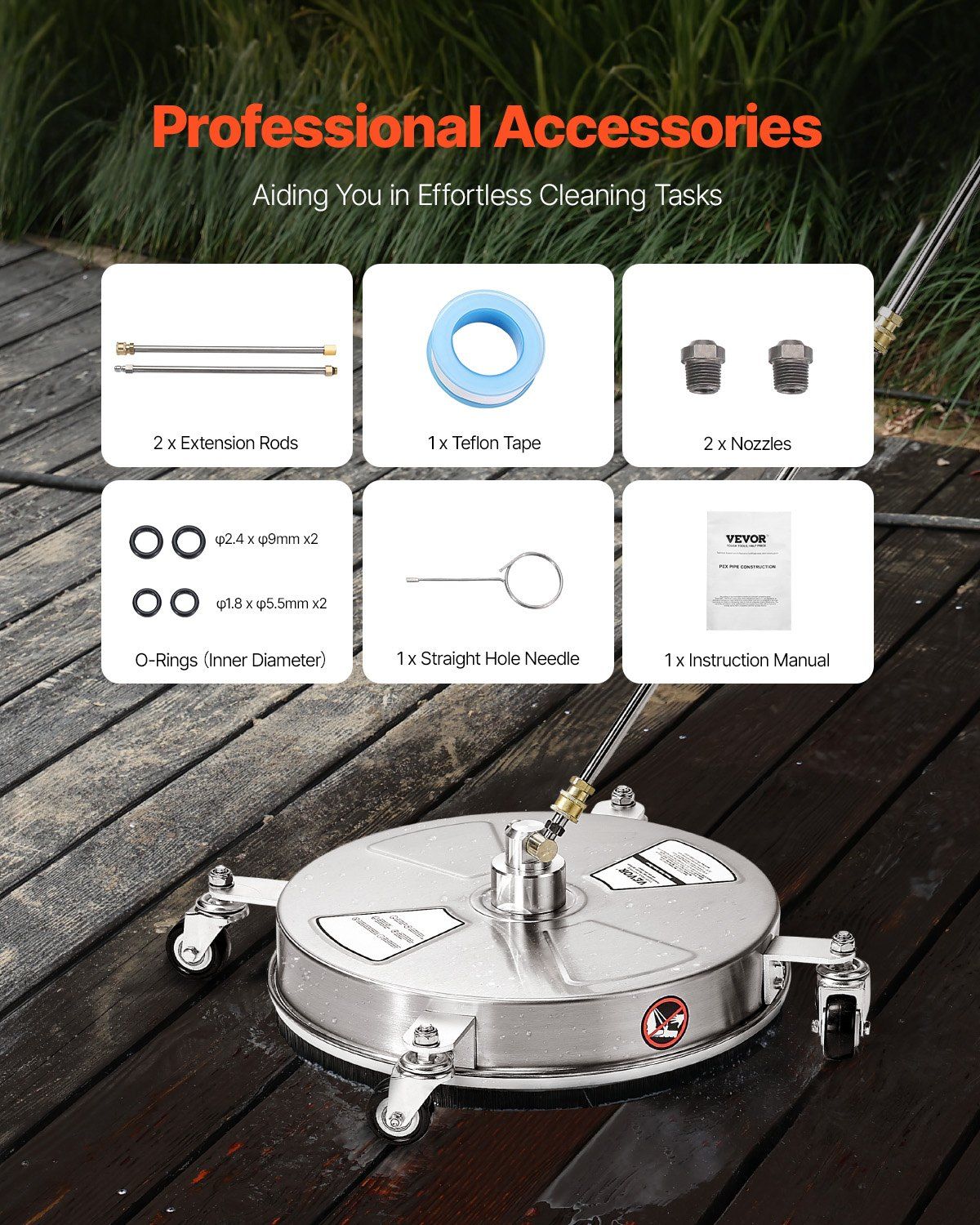 16.5" Pressure Washer Surface Cleaner, Stainless Steel Pressure Washer Attachments with 4 Wheels, 4000 Max PSI, 1/4 Quick Connector, 2 Spray Nozzles, 2 Extended Wands for Concrete, Patio, Deck